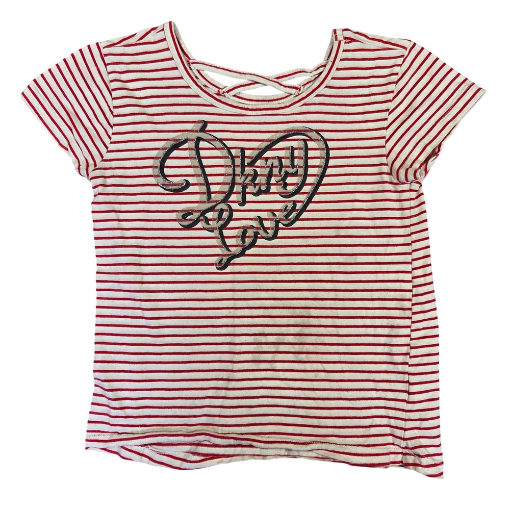 DKNY Girls Red White Striped Heart Graphic T-Shirt Criss Cross Back Size 6X